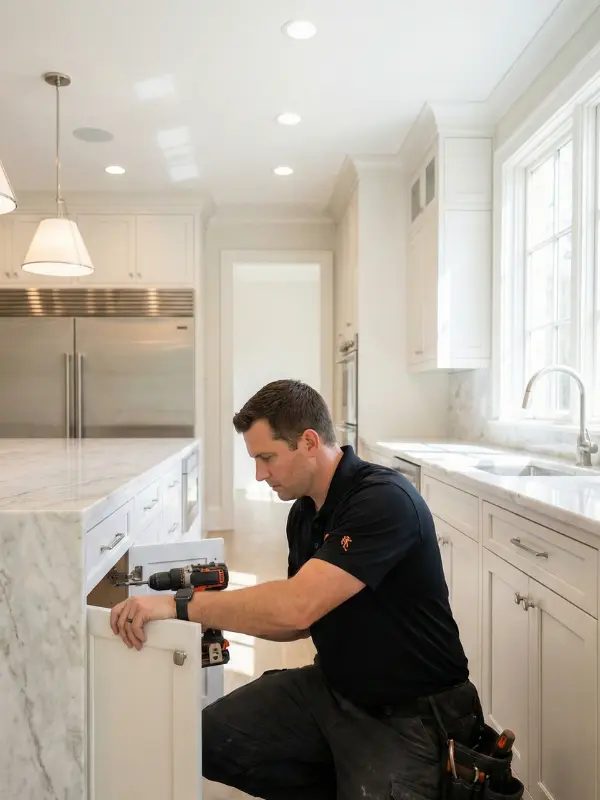 Professional cabinet installer in a black uniform adjusting a white shaker cabinet hinge with a drill in a clean luxury kitchen.