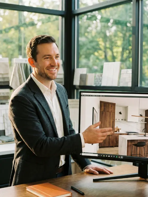 Professional cabinet designer pointing at a high-fidelity 3D kitchen render on a monitor in a Roswell studio.