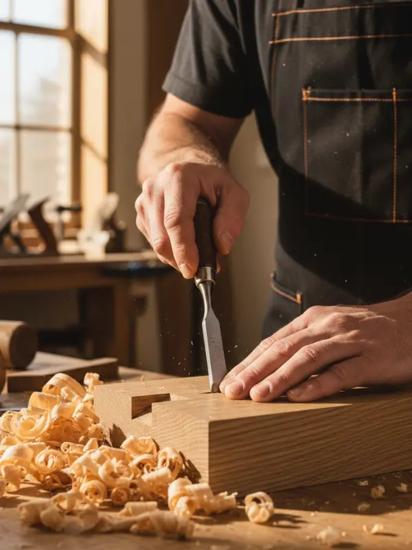 Close up of a master carpenter's hands using a chisel on premium solid wood dovetail joints in an Atlanta workshop.